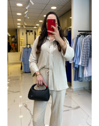 OnFashıon Bej Beli Lastikti Krinkıl Takım