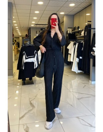 On Fashıon Siyah Beli Lastikli Bol Paça Pantolon
