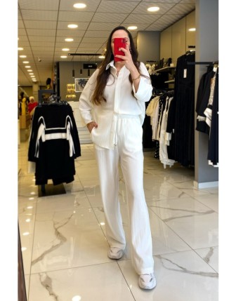 On Fashıon Beyaz Beli Lastikli Bol Paça Pantolon