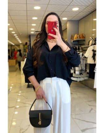 On Fashıon Siyah Cep Detaylı Şifon Gömlek