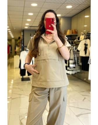 On Fashıon Bej Kapüşonlu Fermuarlı Cep Detaylı Eşofman Üstü