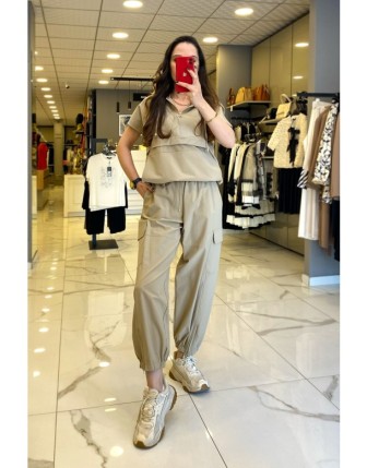 On Fashıon Bej Beli Lastikli Cep Detaylı Paçası Büzgülü Eşofman Altı