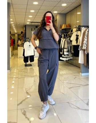 On Fashıon Gri Beli Lastikli Cep Detaylı Paçası Büzgülü Eşofman Altı