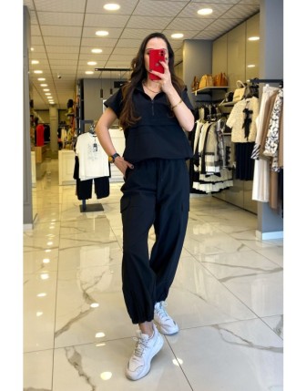 On Fashıon Siyah Beli Lastikli Cep Detaylı Paçası Büzgülü Eşofman Altı