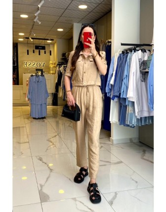 On Fashıon Bej Kendinden Desenli Gold Düğme Detaylı Takım