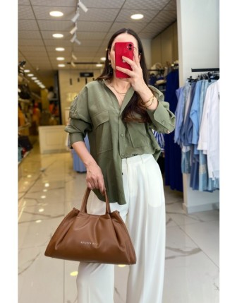 On Fashıon Haki Cep Detaylı Düğmeli Hakim Yaka Gömlek