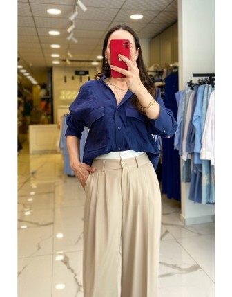 On Fashıon Lacivert Cep Detaylı Düğmeli Hakim Yaka Gömlek