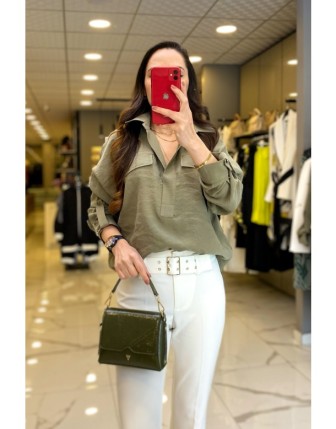 On Fashıon Haki  V Yaka Cep Detaylı Gömlek