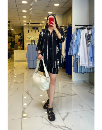 On Fashıon Siyah Desenli kolu Katlamalı Şortlu Keten Takım