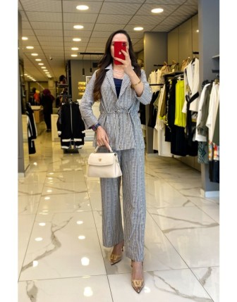 On Fashıon Lacivert Çizgili Beli Büzgülü Takım