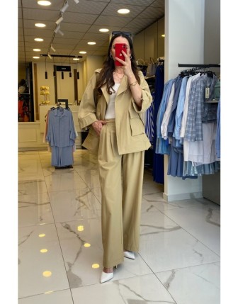 On Fashıon Bej Paraşüt Kumaş Paçası Yırtmaç Detaylı Takım