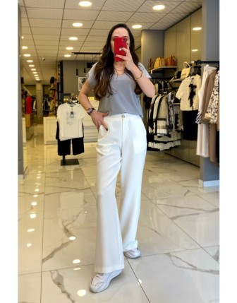 On Fashıon Ekru Gümüş Düğmeli Cep Detaylı Bol Paça Pantolon