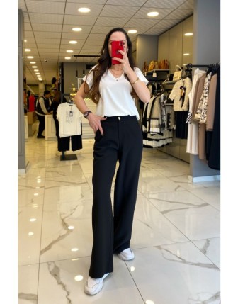 On Fashıon Siyah Gümüş Düğmeli Cep Detaylı Bol Paça Pantolon