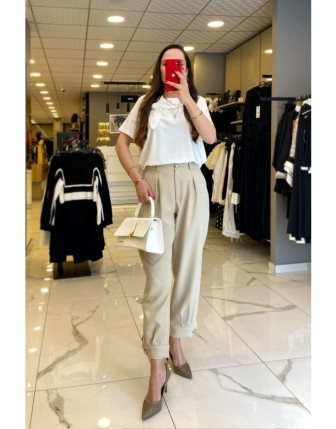 On Fashıon Bej Paçası Düğme Ve Cep Detaylı Pantolon