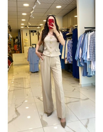 On Fashıon Bej Düğme Detaylı Çizgili Yelekli Takım