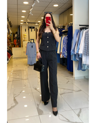 On Fashıon Siyah Düğme Detaylı Çizgili Yelekli Takım