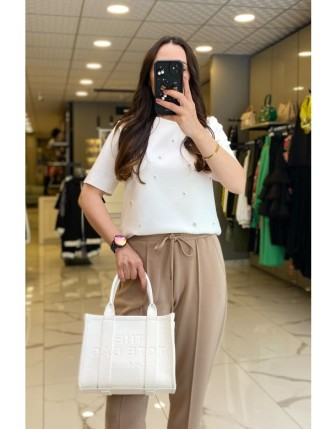 On Fashıon Ekru Scuba Taş İşlemeli Sıfır Yaka Tişört