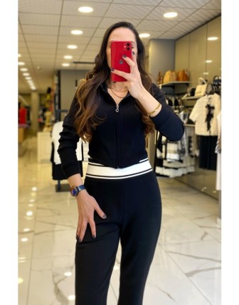 On Fashıon Siyah  Kapüşonlu Fermuarlı Crop Eşofman