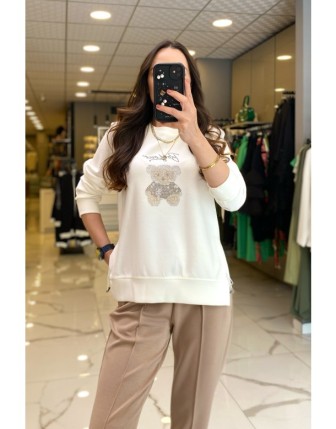 On Fashıon Ekru Figür Detaylı Yan Tarafı Yırtmaçlı Sweat