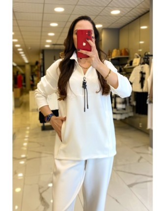 On Fashıon Ekru  Fermuarlı Cepli Dik Yaka Sweat