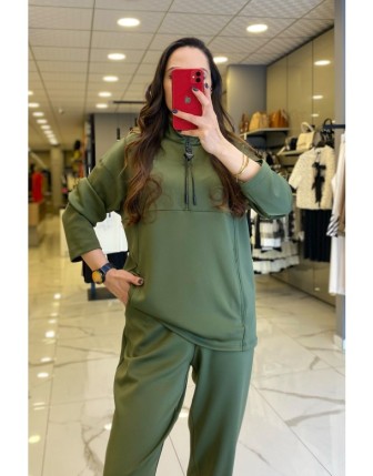 On Fashıon Haki Fermuarlı Cepli Dik Yaka Sweat
