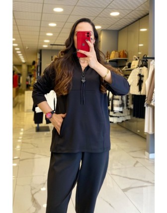 On Fashıon Siyah   Fermuarlı Cepli Dik Yaka Sweat