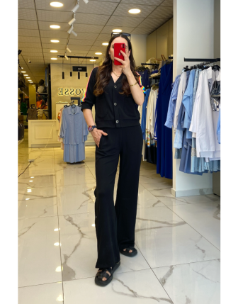 On Fashıon Siyah Düğmeli Cep Detaylı Omuzları Renkli Takım