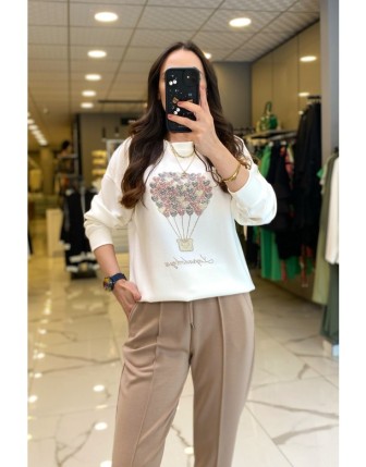 On Fashıon Ekru figür Detaylı Yazılı Sweat