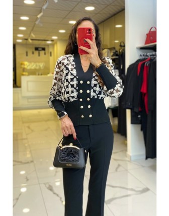 On Fashıon Siyah Organize Gold Düğme Detaylı Ribanalı Hırka