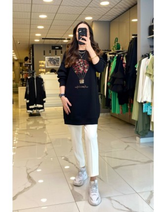 On Fashıon Siyah figür Detaylı Yazılı Uzun Sweat