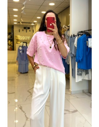 On Fashıon Pembe İnci Detaylı Sıfır Yaka Kısa Kollu Tişört