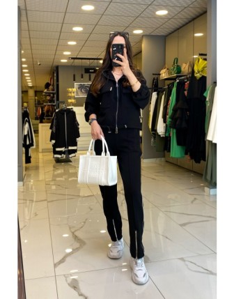 On Fashıon Siyah Kapüşonlu Fermuar Ve Cep Detaylı Kolları Büzgülü Eşofman Takım