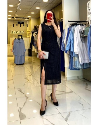 Ekıol Siyah Simli Kumaşlı Yırtmaç Detaylı Drapeli Elbise