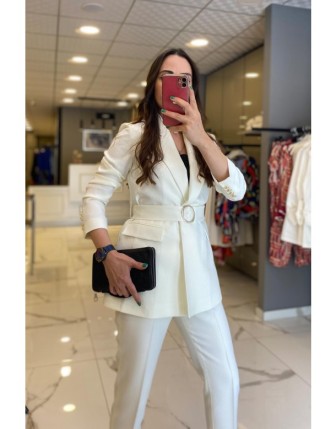 Ekol Ekru Cep Detaylı Kuşaklı Blazer Ceket 