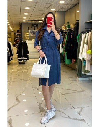 Ekol Lacivert  İpek Cupra Kumaş düğmeli Beli Büzgülü Elbise