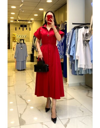 Ekol Kırmızı Beli Lastikli Düğme Detaylı Figür Detaylı Paraşüt Elbise