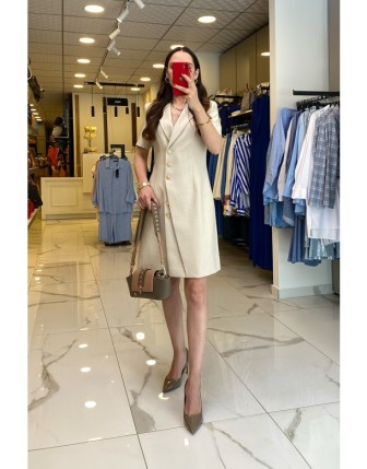 Ekol Bej Gold Düğme Detaylı Kısa Kollu Elbise