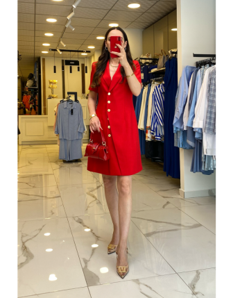 Ekol Kırmızı Gold Düğme Detaylı Kısa Kollu Elbise