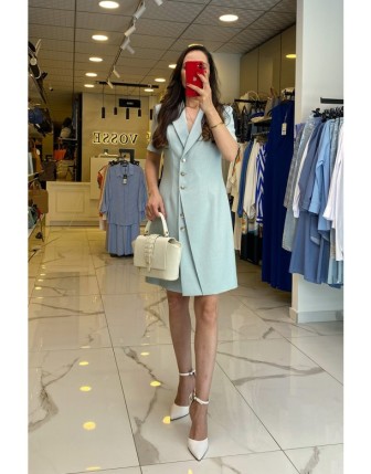 Ekol Mint Gold Düğme Detaylı Kısa Kollu Elbise