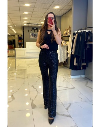 Ekol Siyah Payetli Bol Paça Pantolon