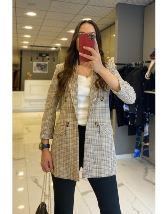 Ekol Bej Düğme Ve Cep Detaylı Desenli Blazer Ceket