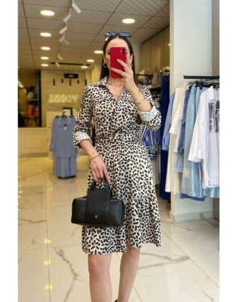 Ekol Siyah Leopar Desenli Etek Ucu Fırfırlı Kuşaklı Elbise