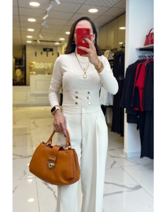 On Fashıon Kum  Balıkçı Yaka Düğme Detaylı Uzun Kollu Bluz