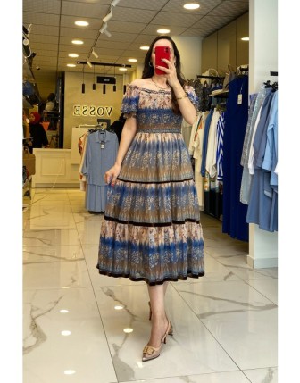 Ekol Mavi Desenli Kayık Yaka Organize Kol Ucu Lastikli Elbise