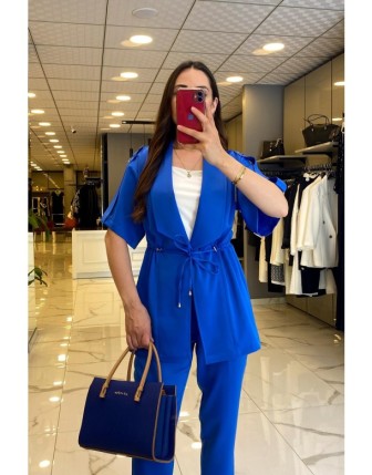 Ekol Saks Saten Kısa Kollu Beli Büzgülü Ceket