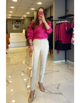 Guffo Bej Paçası Yırtmaçlı Fermuarlı Cep Detaylı Kumaş Pantolon 