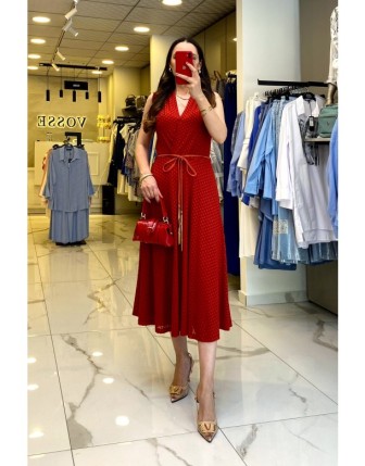 Ekol Kırmızı V Yaka sıfır Kollu Elbise