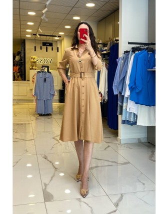 Ekol Camel Düğmeli Cep Detaylı Kemerli Hakim Yaka Elbise
