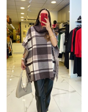 On Fashıon Kahverengi Balıkçı Yaka Ekose Desenli Panço