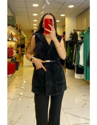 On Fahıon Siyah Kemerli Kapüşonlu Angora Yelek